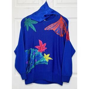 VTG 1980s Sicari Silks Blue Sweater Colorful Hawaiian Floral Dolman Sleeve Sz 10